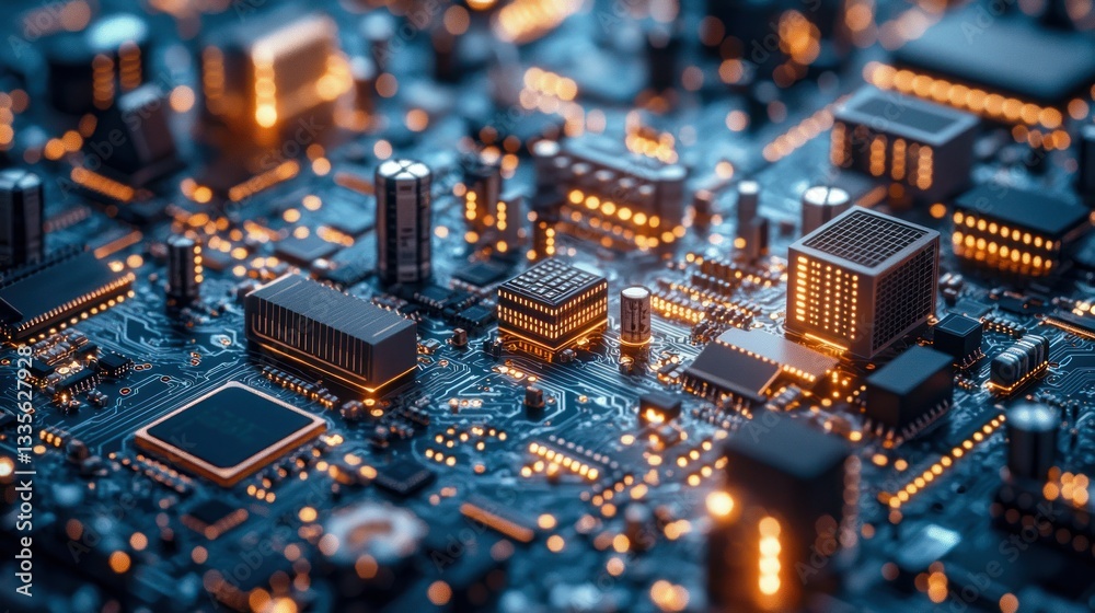 Obraz premium Illuminated circuit board with complex components and glowing pathways