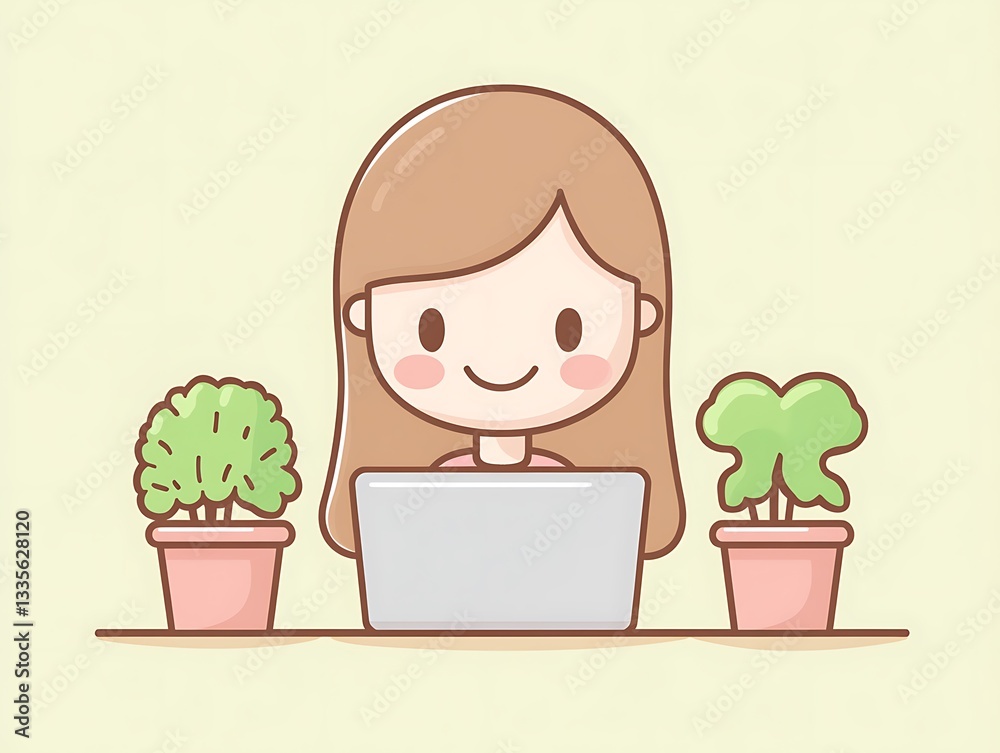 Woman working laptop plants desk Woman working laptop plants desk