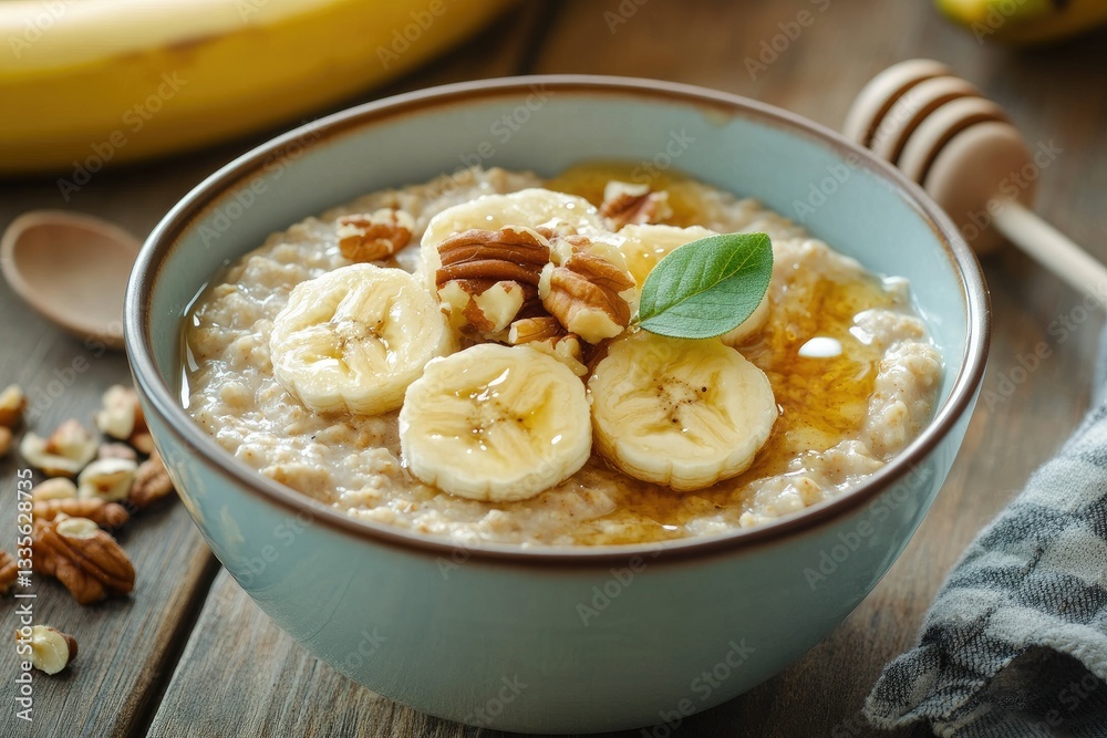 A bowl of oatmeal topped with banana slices, honey, and nuts --ar 3:2 A bowl of oatmeal topped with banana slices, honey, and nuts --ar 3:2