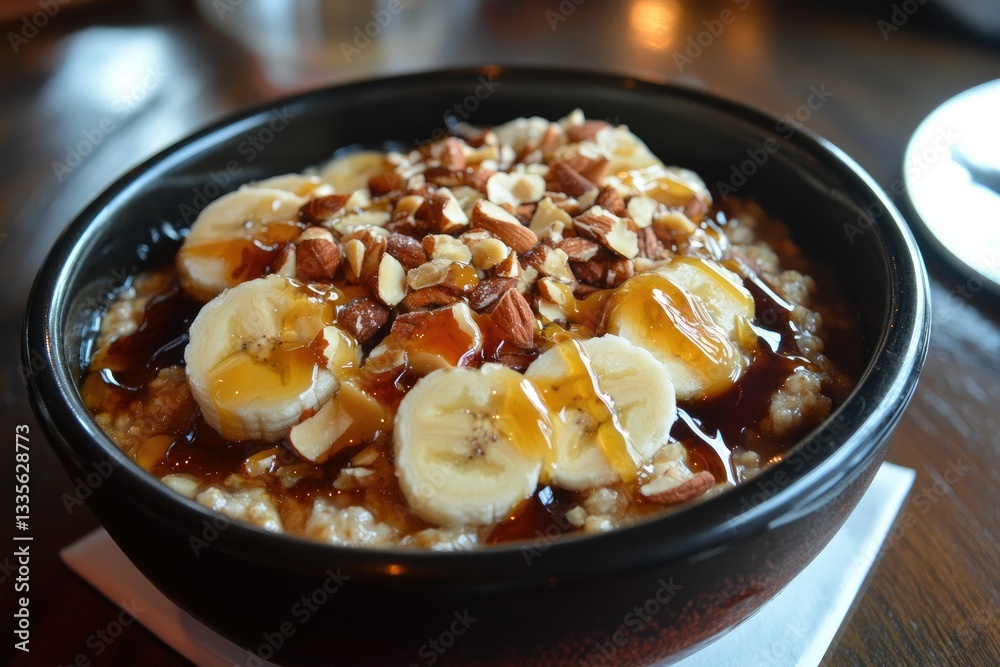 A bowl of oatmeal topped with banana slices, honey, and nuts --ar 3:2 A bowl of oatmeal topped with banana slices, honey, and nuts --ar 3:2