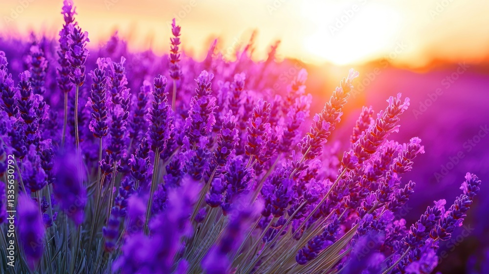 Naklejka premium Lavender flowers in a field glow with a warm, colorful sunset in the distance