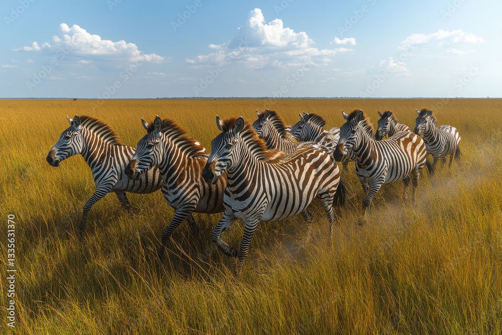 Fototapeta premium A herd of zebras running through a field