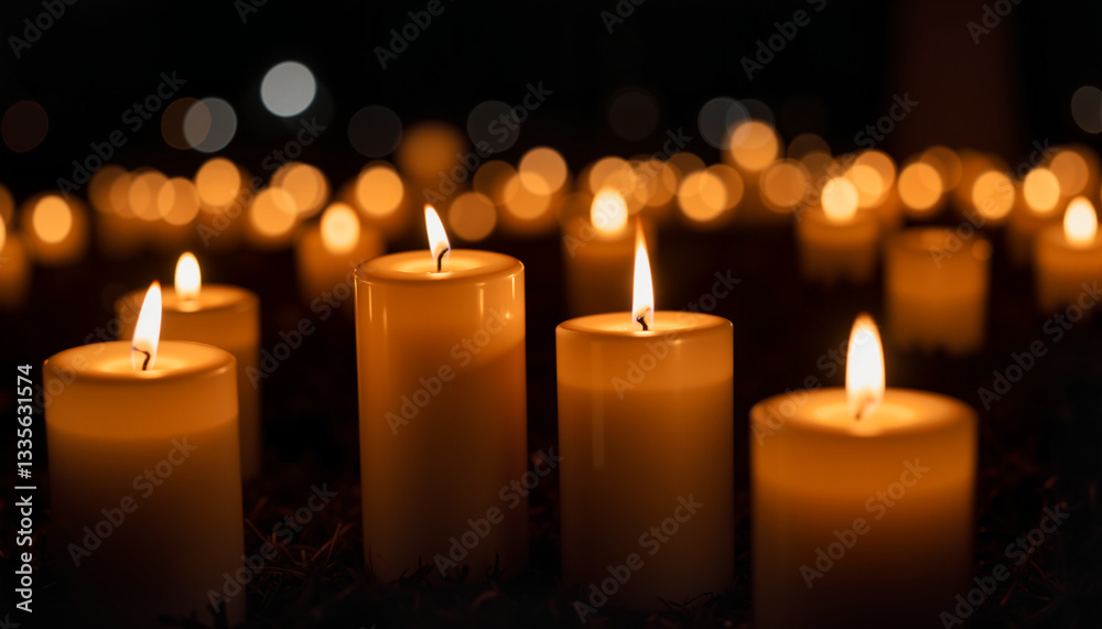 Lit candles glowing in darkness, solemn tribute to fallen soldiers Lit candles glowing in darkness, solemn tribute to fallen soldiers