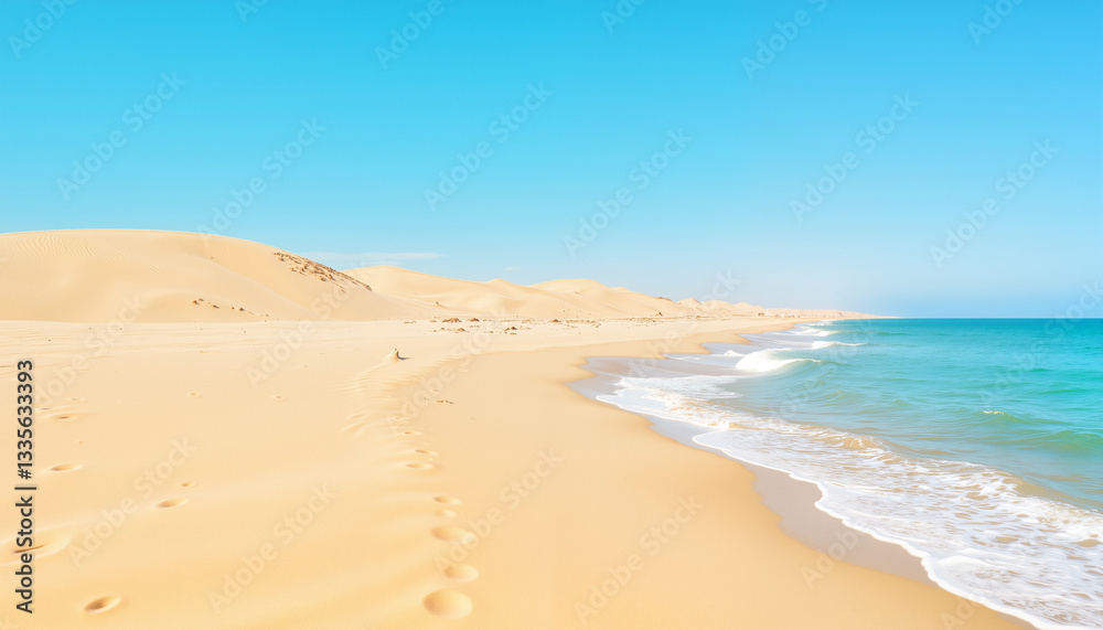 Vast sand dunes meeting tranquil ocean under clear blue sky, nature's contrast Vast sand dunes meeting tranquil ocean under clear blue sky, nature's contrast