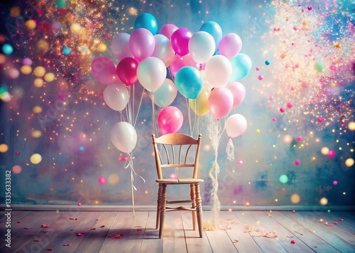 Whimsical Pink & White Balloon Chair Double Exposure: Festive Party Decor Stock Photo