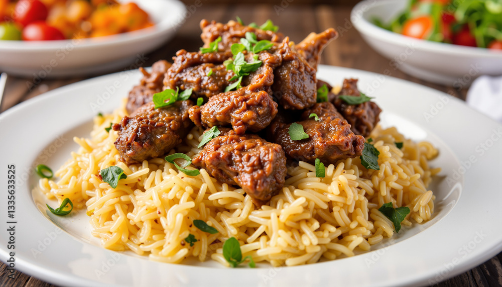 Succulent grilled lamb with fragrant rice, delicious meal presentation Succulent grilled lamb with fragrant rice, delicious meal presentation