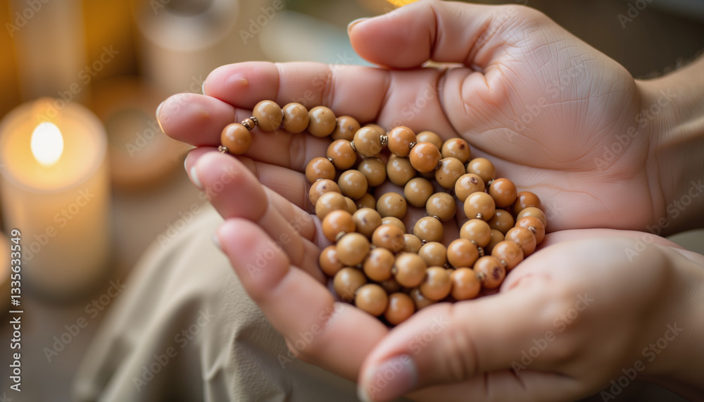 Hands holding prayer beads in serene ambiance, spiritual reflection Hands holding prayer beads in serene ambiance, spiritual reflection