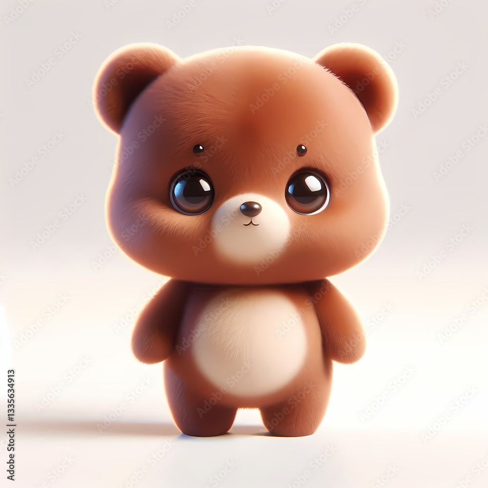 Fluffy 3D baby bear with rounded ears and short snout on white