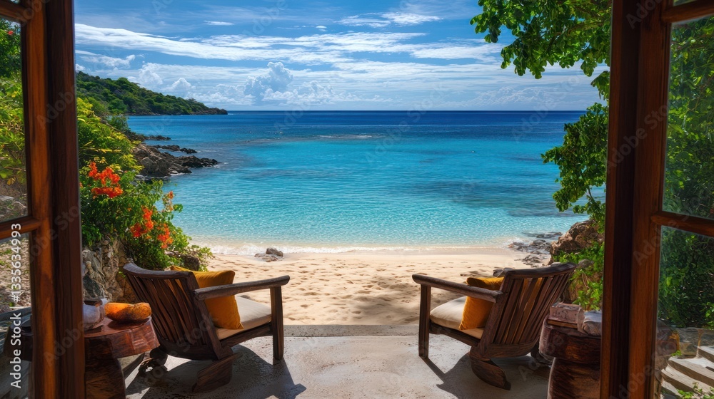 Fototapeta premium Paradise Beach View from a Tropical Bungalow