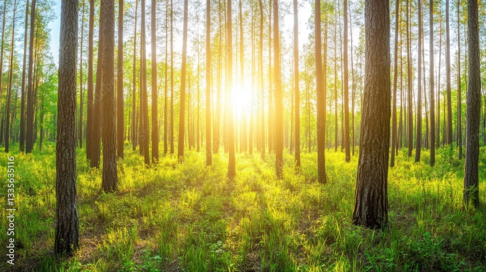 Fototapeta premium Tranquil forest bathed in soft sunlight, earthy tones blending harmoniously, evoking peace and natural serenity.