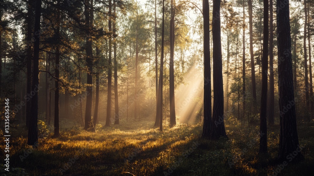 Fototapeta premium Tranquil forest bathed in soft sunlight, earthy tones blending harmoniously, evoking peace and natural serenity.