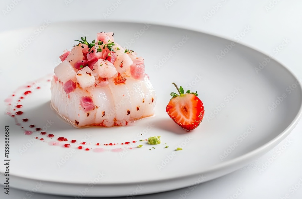 Fried Haicheng water lily with white fish and ham on a white plate, close-up food photography with high resolution and professional details. Fried Haicheng water lily with white fish and ham on a white plate, close-up food photography with high resolution and professional details.