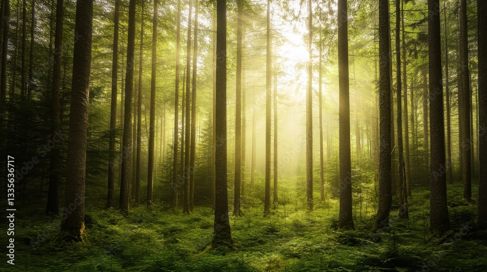 Obraz premium Tranquil forest bathed in soft sunlight, earthy tones blending harmoniously, evoking peace and natural serenity.