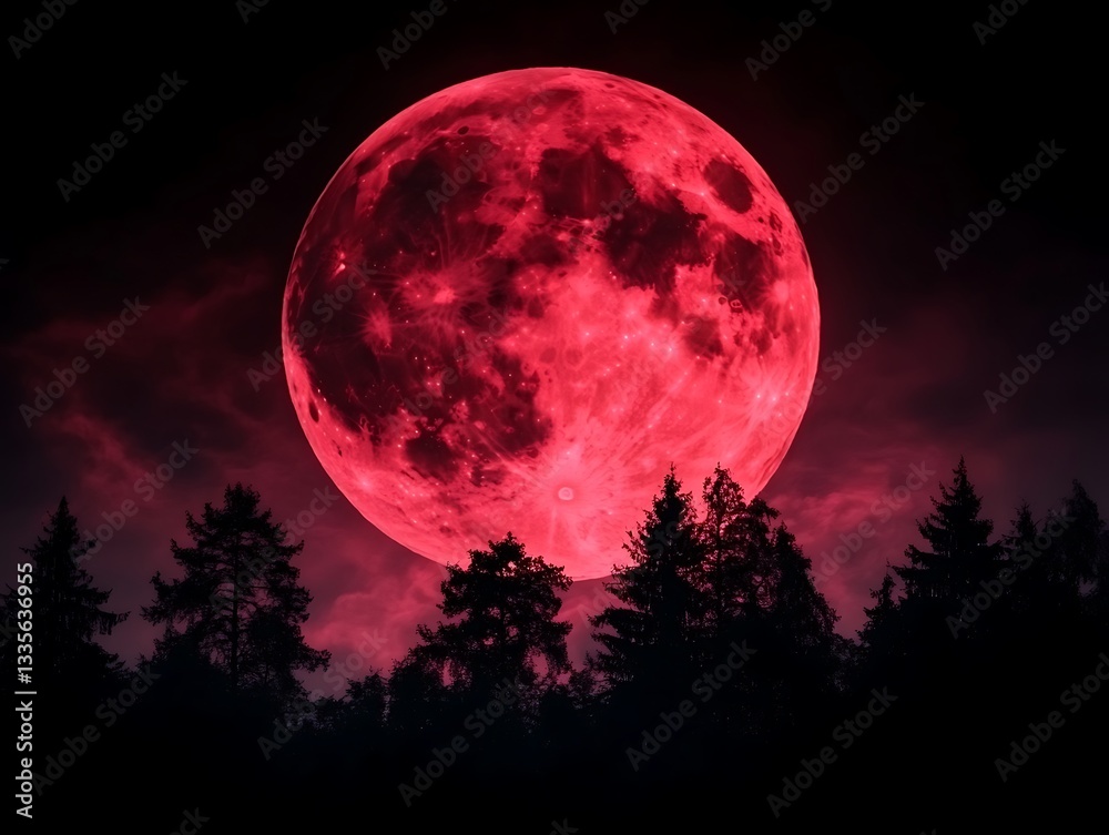 Fototapeta premium Blood Moon Rising Over Silhouetted Forest