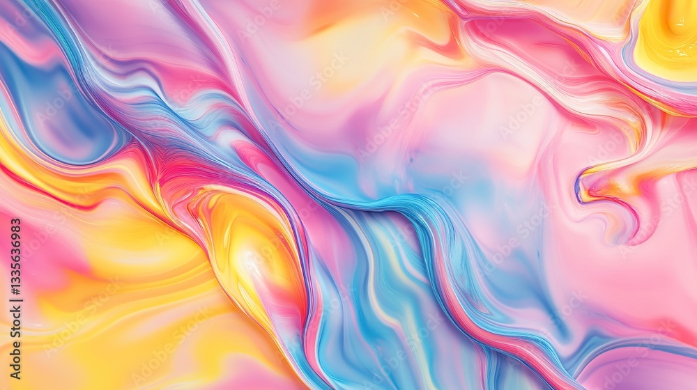 Vibrant 3D Rendering of Swirling Liquid Paint in Pink, Yellow, and Blue Hues for Design or Wallpaper Vibrant 3D Rendering of Swirling Liquid Paint in Pink, Yellow, and Blue Hues for Design or Wallpaper