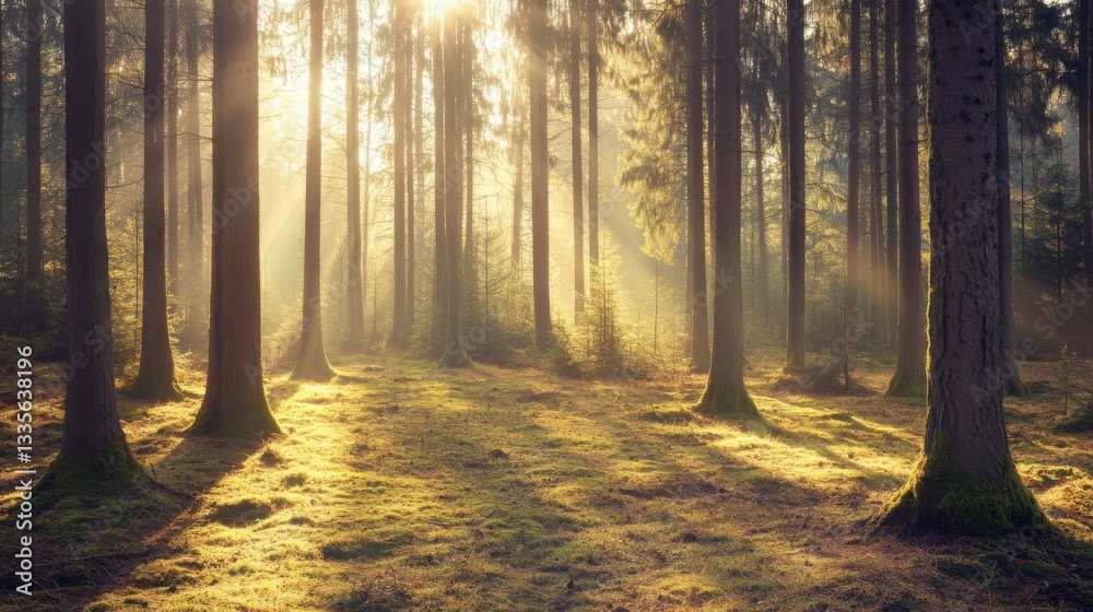 Fototapeta premium Tranquil forest bathed in soft sunlight, earthy tones blending harmoniously, evoking peace and natural serenity.