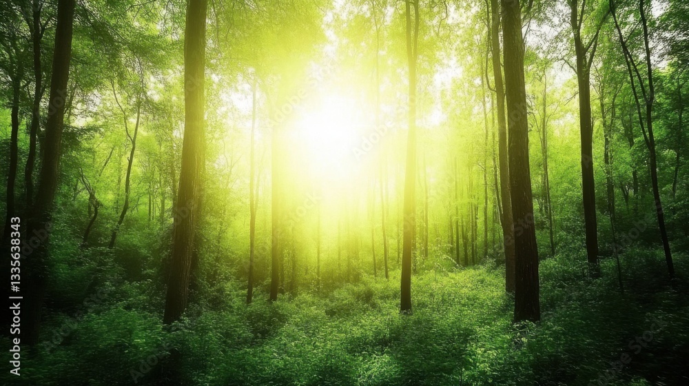 Fototapeta premium Tranquil forest bathed in soft sunlight, earthy tones blending harmoniously, evoking peace and natural serenity.