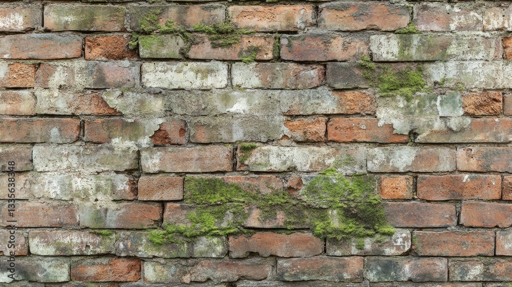 Obraz premium An old brick wall with green moss and weathering details