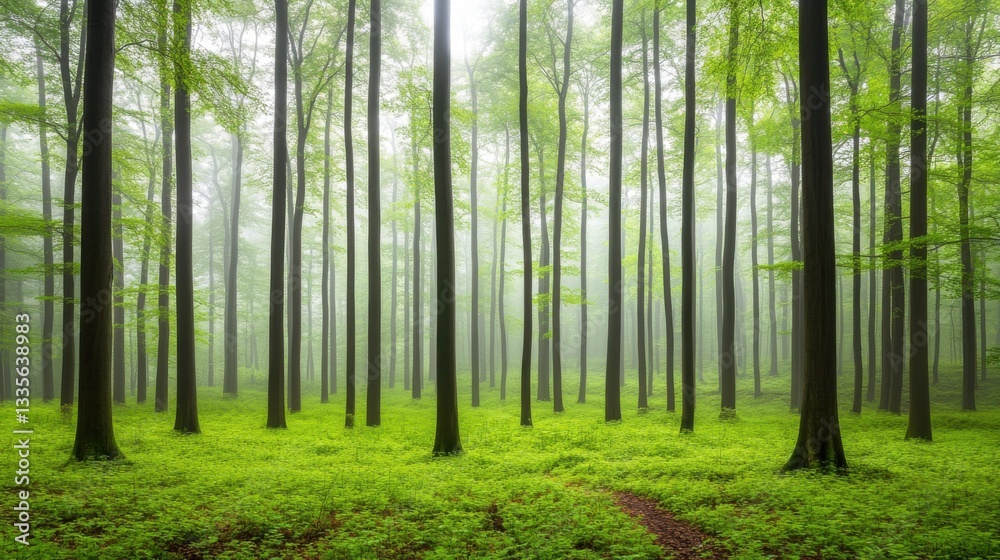 Obraz premium Tranquil forest bathed in soft sunlight, earthy tones blending harmoniously, evoking peace and natural serenity.