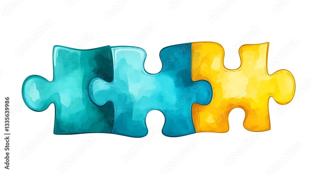 Fototapeta premium Three watercolor puzzle pieces connected.