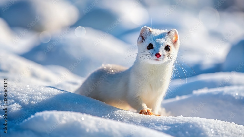 White Ermine Weasel in Winter Wonderland: Macro Snow Photography White Ermine Weasel in Winter Wonderland: Macro Snow Photography