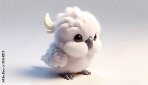 Fluffy 3D baby cockatoo with white feathers and bright yellow crest
