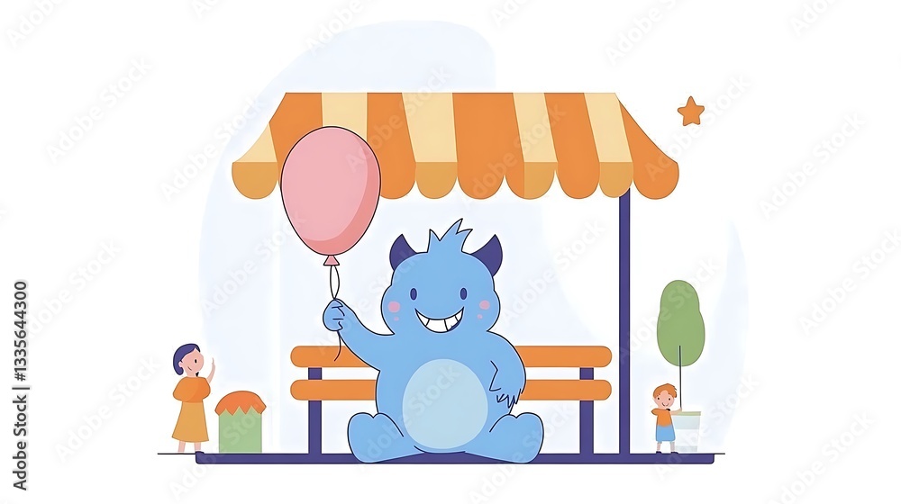 Naklejka premium Friendly monster holding balloon at park bench.