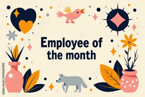 Creative Illustration Celebrating Employee of the Month with Colorful Floral and Animal Motifs, Featuring a Bird, Wolf, and Various Vases, Emphasizing Team Spirit and Recognition