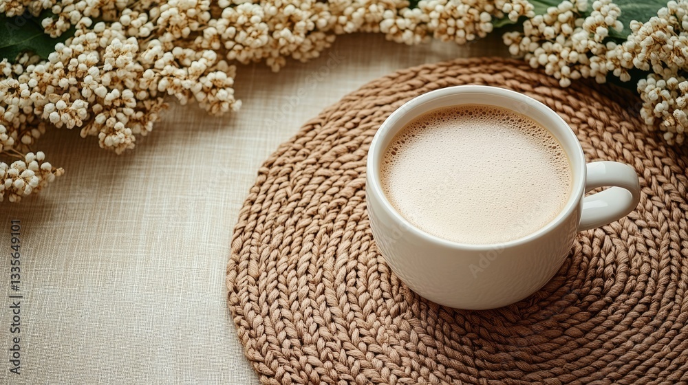 Aromatic coffee in a white mug, nestled on a woven coaster, surrounded by delicate cream-colored flowers Aromatic coffee in a white mug, nestled on a woven coaster, surrounded by delicate cream-colored flowers