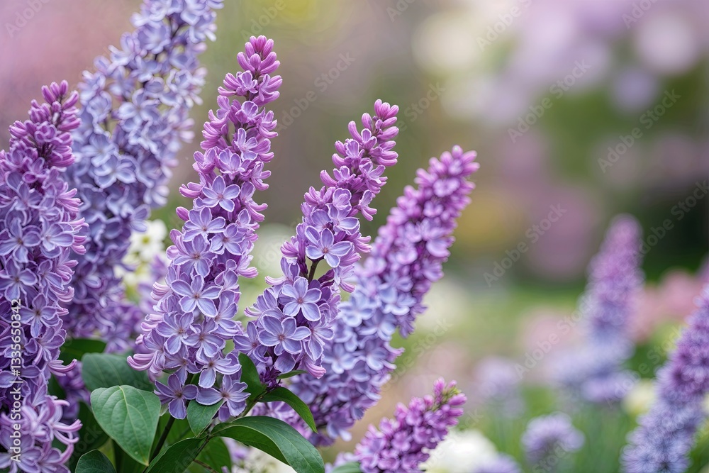 Fototapeta premium Spring Lavender Lilac Blooms Surrounded by a Serene Pastel Garden Bokeh