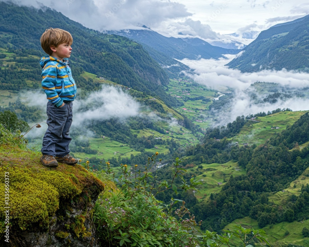 Child on mountaintop, looking at the valley. AI.