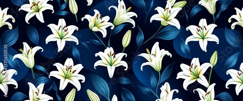 lily pattern on blue plain background digital abstract art work illustration design