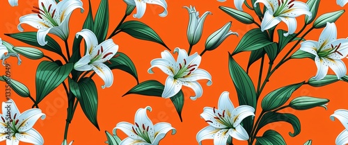 lily pattern on orange plain background digital abstract art work illustration design