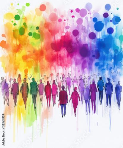 A community of people gather and celebrate. They walk together in unity for inclusivity, community spirit and love.