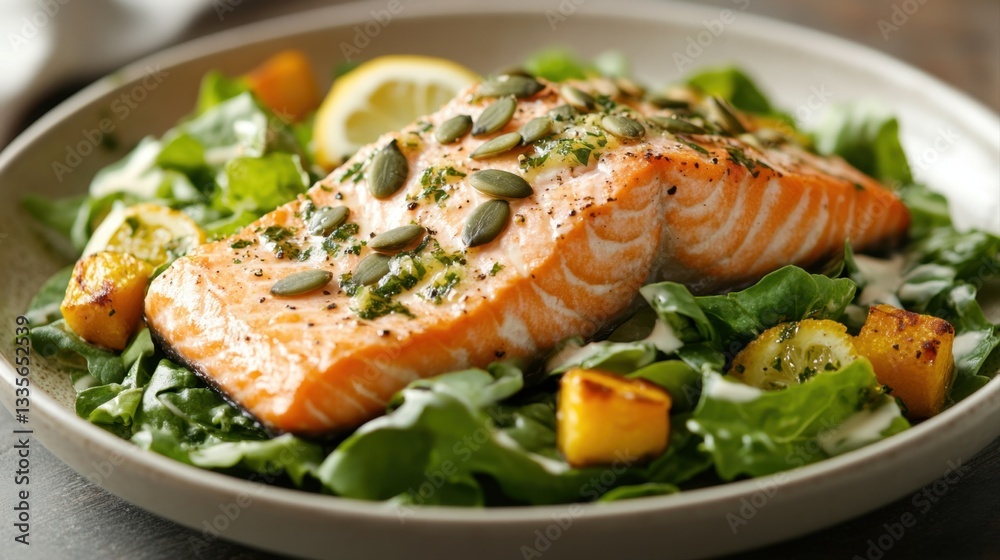 Freshly Grilled Salmon Fillet Served on a Bed of Leafy Greens with Sliced Citrus and Seeds Garnish Freshly Grilled Salmon Fillet Served on a Bed of Leafy Greens with Sliced Citrus and Seeds Garnish