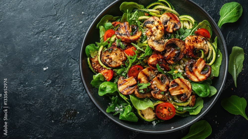 Fresh and Healthy Grilled Mushroom Salad with Spinach, Cherry Tomatoes, and Zucchini Noodles Fresh and Healthy Grilled Mushroom Salad with Spinach, Cherry Tomatoes, and Zucchini Noodles