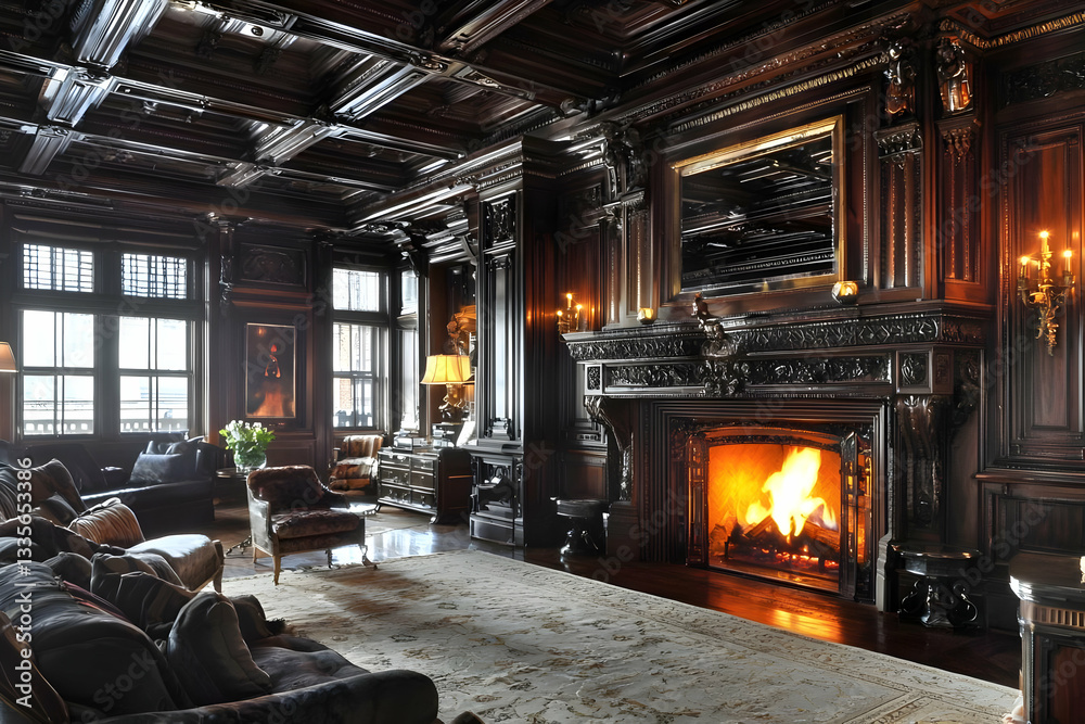 Luxurious wood-paneled living room with fireplace, city view Luxurious wood-paneled living room with fireplace, city view