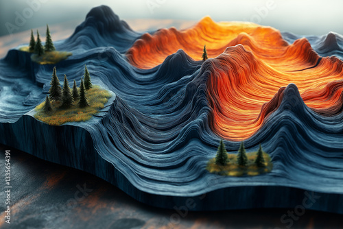 curved lines and earthy tones to represent natural elements trees, mountains, or waves  in an entirely abstract form