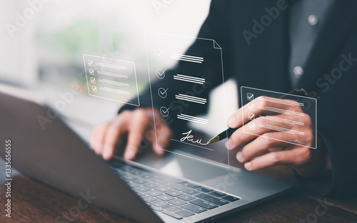Electronic signature Businessman signs electronic document on digital document on page Electronic signature concept Writing business agreement Digital document management Paperless office
