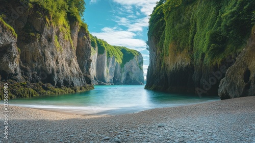 Secluded cove with turquoise waters and towering cliffs covered in greenery