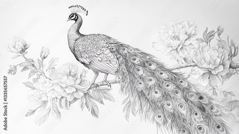 Naklejka premium Elegant peacock perched amidst delicate blossoms. A detailed pencil sketch showcasing a peacock with intricate plumage, resting gracefully on a branch adorned with beautiful flowers