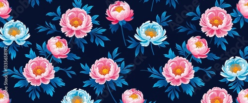 peony pattern on blue plain background digital abstract art work illustration design
