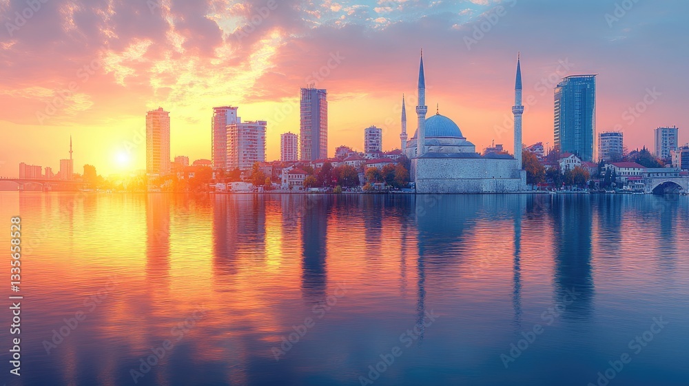 Fototapeta premium City skyline at sunrise, reflected in calm water. Mosque and modern buildings stand on the shore