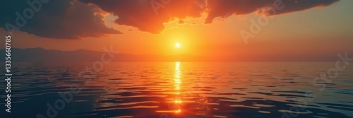 Golden sun dips below horizon, fiery reflection paints tranquil sea, nature, sea, evening