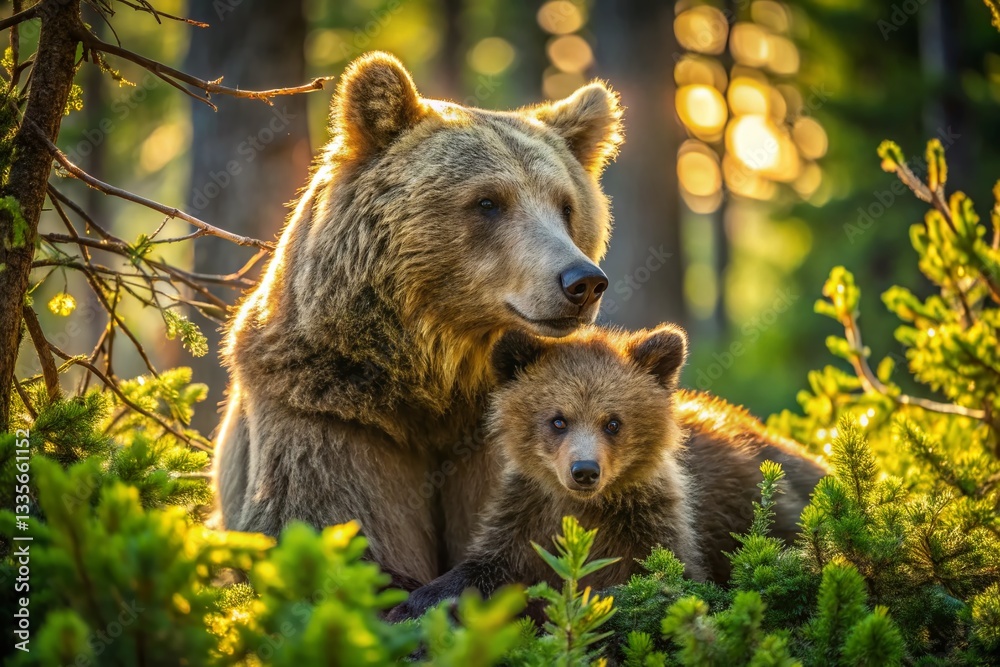 Obraz premium Yellowstone Grizzly Bear Cub and Mother - Wildlife Shelter in Wyoming