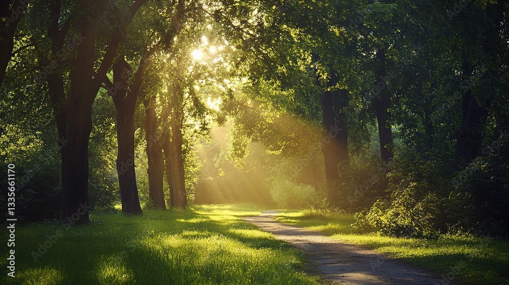 Fototapeta premium Sunrays Streaming Through Towering Trees in Lush Green Forest