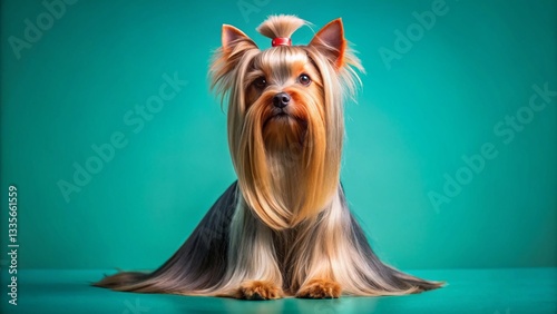 Yorkshire Terrier Grooming: Long-haired Puppy Posing on Turquoise