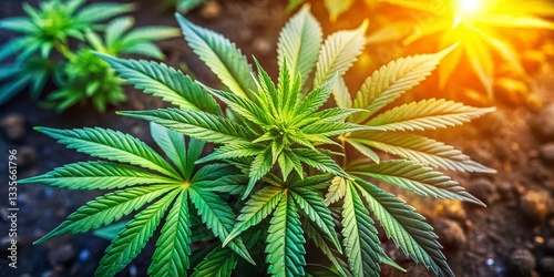 Young Cannabis Plant Thriving in a Home Garden - High-Resolution Stock Photo