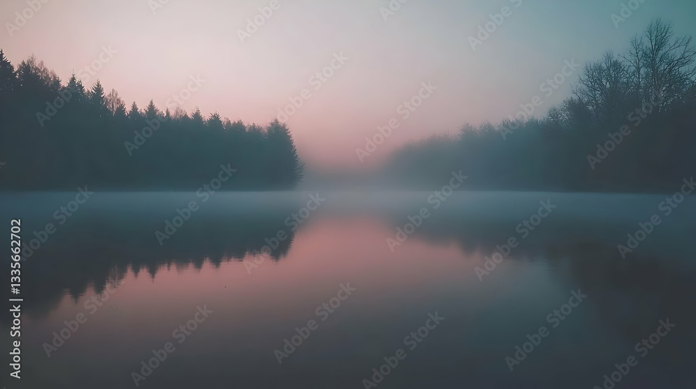 Fototapeta premium Misty sunrise over calm lake reflecting trees