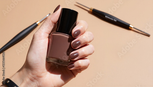 Elegant hand showcasing nail polish with art tools on neutral backdrop  